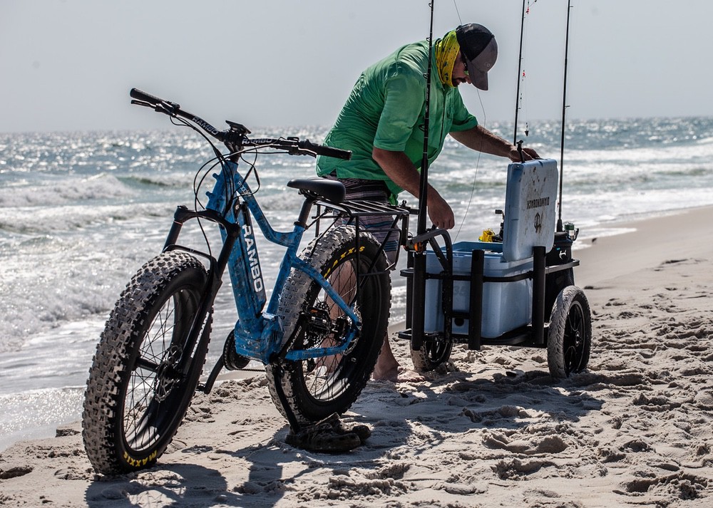 electric hunting bike by rambo bikes standing by the sea